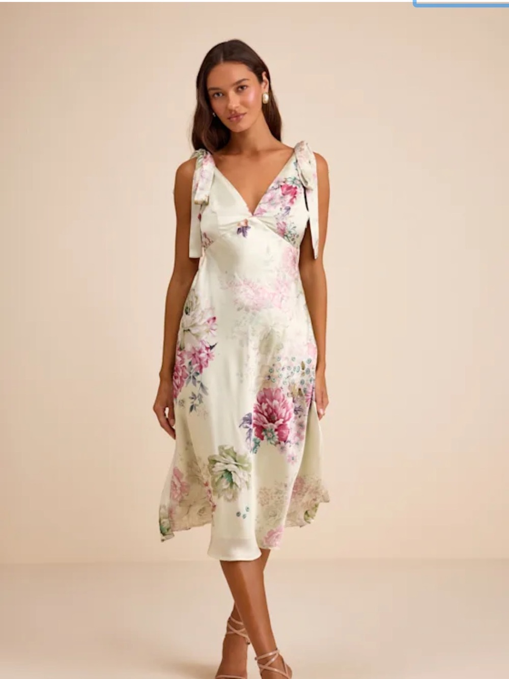 NWT lulus Floral Tie-Shoulder Midi Dress - Cream with Pink & Green Floral Print